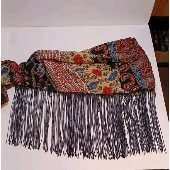 See You Monday Womens Medium Paisley Long Sleeve Black Fringed Cropped Top Boho - Picture 10 of 10